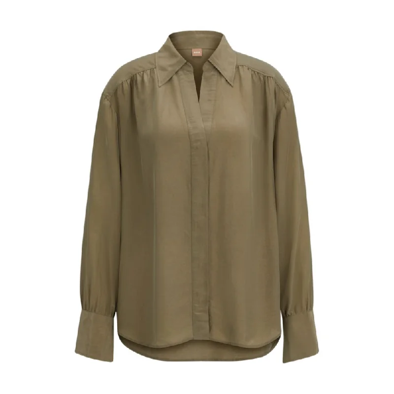 Relaxed-fit blouse with concealed placket and point collar Drape Neck Blouse