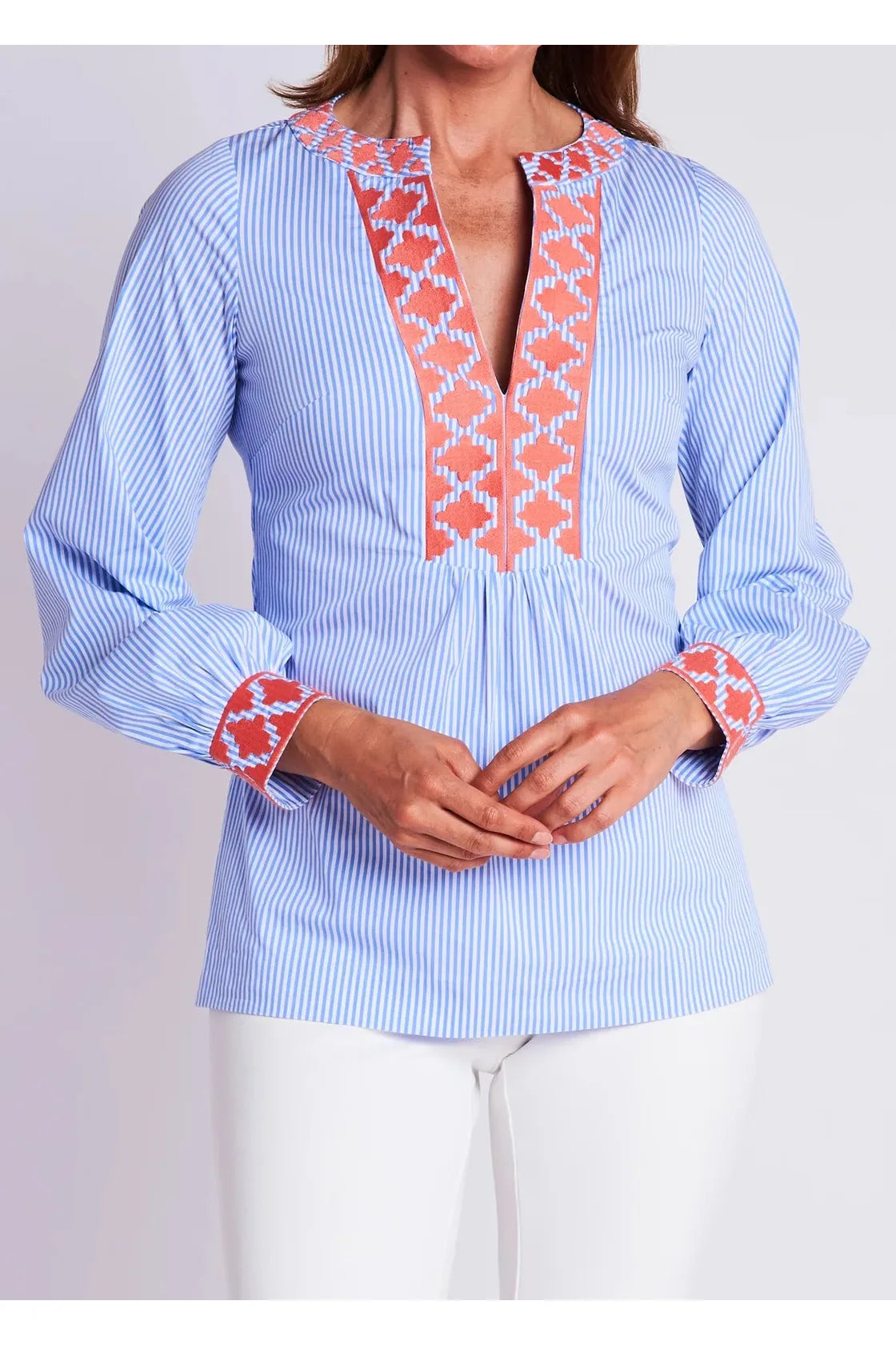 Blue Stripe Coral Embroidered Blouse Embroidered Floral Blouse