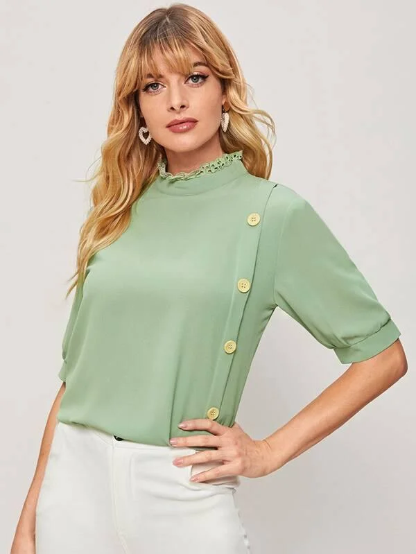Eyelet Embroidered Button Front Blouse Mandarin Collar Blouse