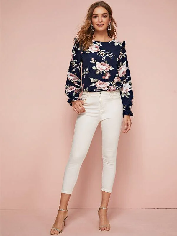 Ruffle Detail Floral Print Blouse Floral Chiffon Blouse
