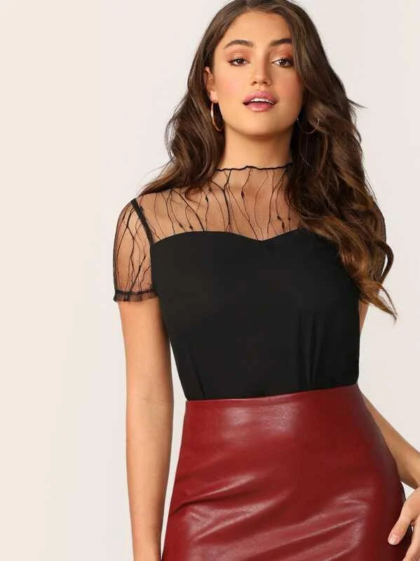 Vine Mesh Yoke Trim Blouse Delicate Bow Blouse
