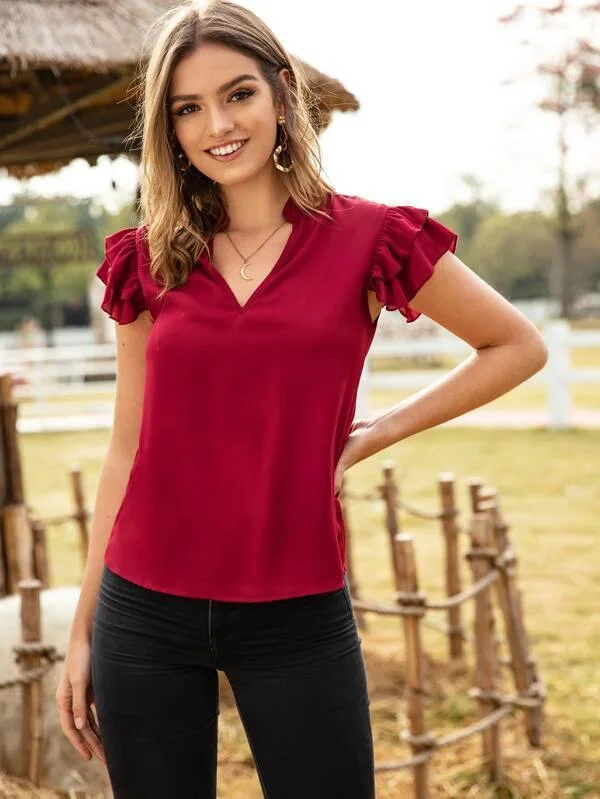 Solid Notched Butterfly Sleeve Blouse Pleated Collar Blouse