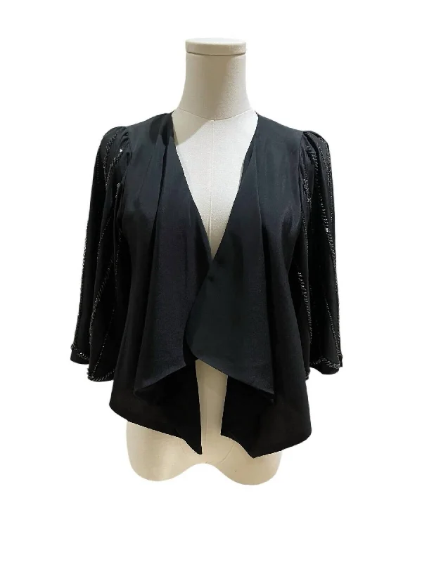 Women's Beaded Shrug Open Front Draped Blouse In Black Playful Puff Blouse