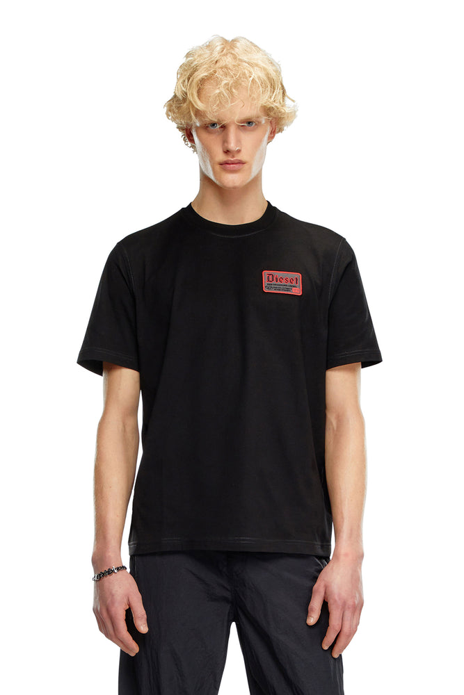 T-shirt with biker-style logo patch-- Collared T-Shirt Boat Neck A-Line