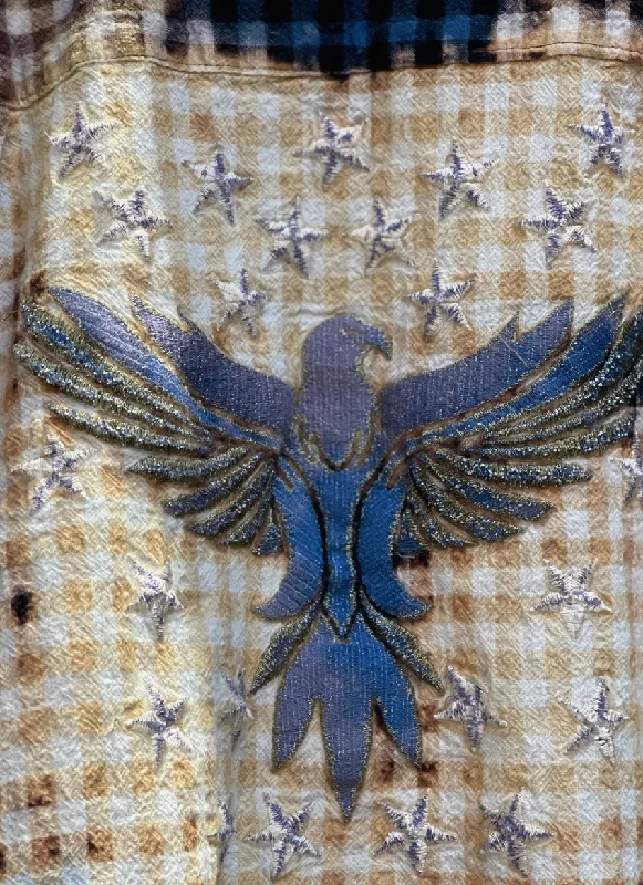 Reversible Distressed Checked Flannel Shirt Stars Phoenix-- Print Jacquard Patchwork Reversible Distressed Checked Flannel Shirt Stars Phoenix-- Print Jacquard Patchwork
