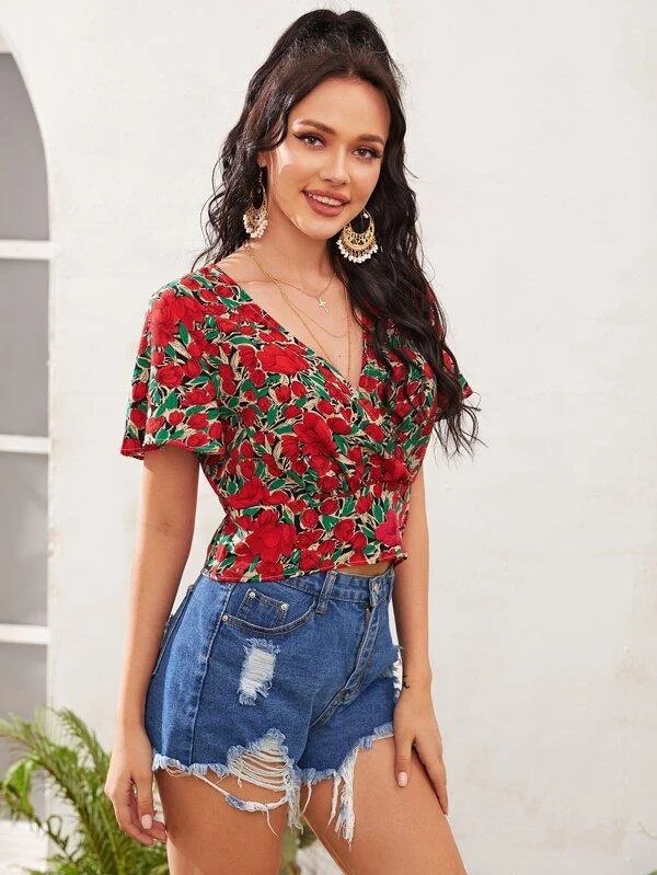 Surplice Front Flutter Sleeve Floral Blouse Vintage Polka Blouse