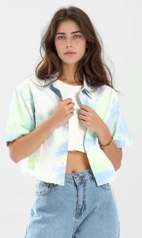 97241 Apple Green, White & Sky Blue Tie Dye Cropped Shirt-- Anti-Pilling Machine Wash Handmade 97241 Apple Green, White & Sky Blue Tie Dye Cropped Shirt-- Anti-Pilling Machine Wash Handmade