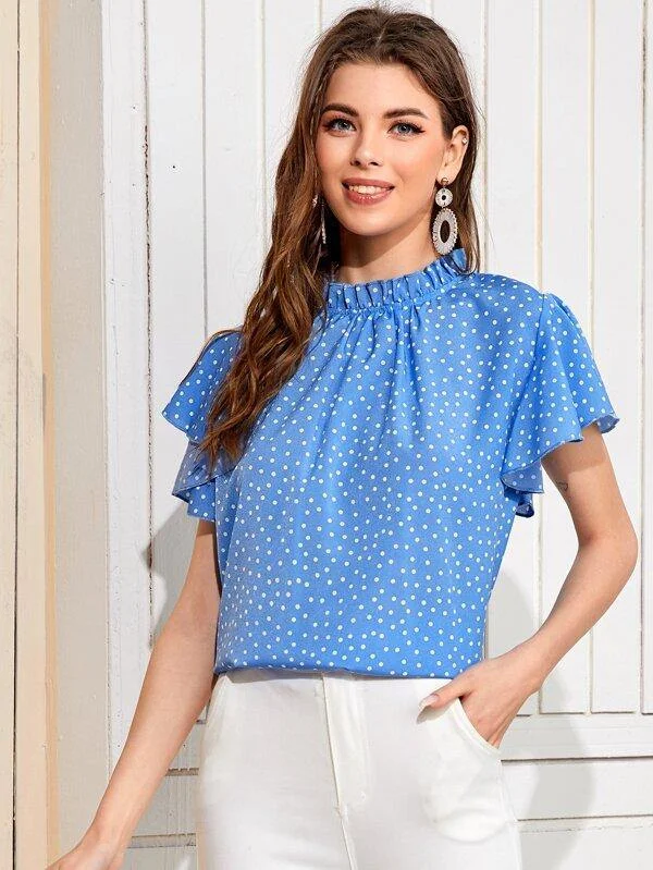 Polka Dot Frill Neck Flutter Sleeve Blouse Feminine Tie Blouse