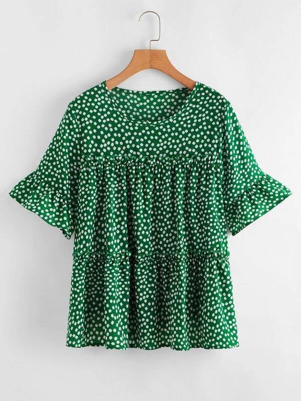 Lettuce Frill Ditsy Floral Print Blouse Classic White Blouse
