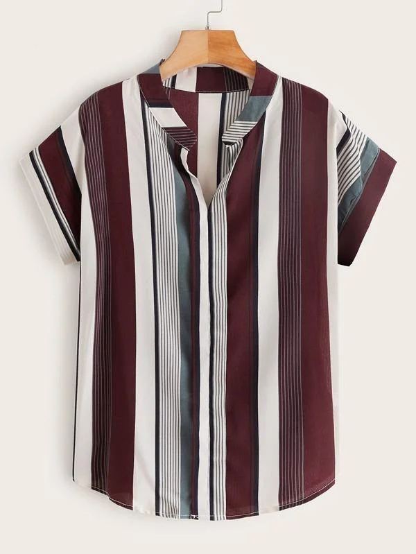 Striped Batwing Sleeve Curved Hem Blouse Floral Chiffon Blouse