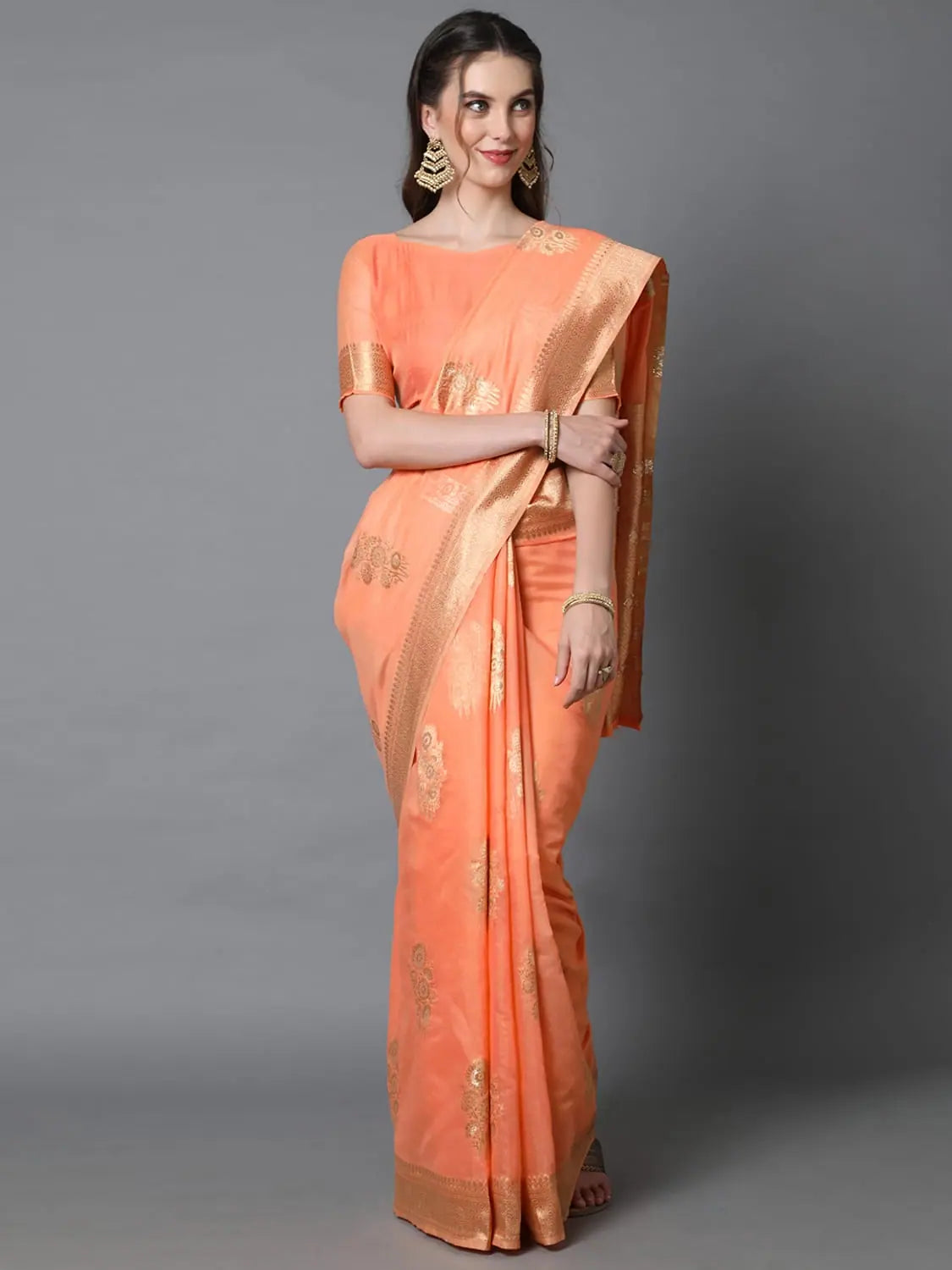 Sareemall Orange Festive Silk Blend Woven Design Saree With Unstitched Blouse Double Button Blouse Sareemall Orange Festive Silk Blend Woven Design Saree With Unstitched Blouse Double Button Blouse