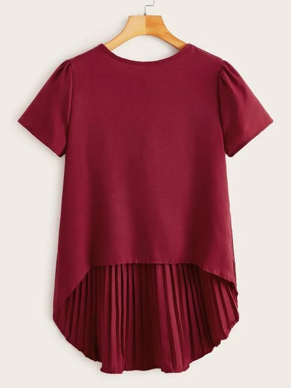 Solid Pleated High Low Hem Blouse Office-Ready Blouse