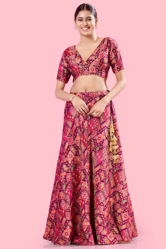 Magenta Brocade Back Open Elbow Sleeves Blouse Sheer Sleeve Blouse