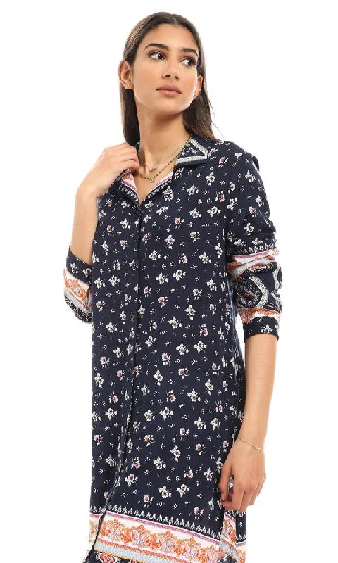 57922 Comfy Long Sleeves Floral Long Shirt - Navy Blue-- Collared Crew Neck Turtle Neck 57922 Comfy Long Sleeves Floral Long Shirt - Navy Blue-- Collared Crew Neck Turtle Neck