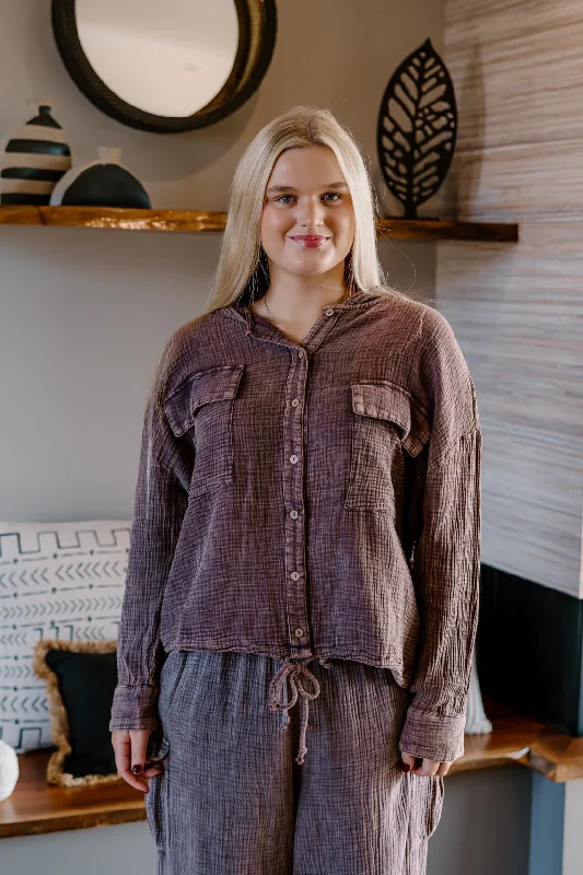 Amelia Button Down Gauze Shirt | Mocha Grey-- Front Pockets Side Pockets Patch Pockets Amelia Button Down Gauze Shirt | Mocha Grey-- Front Pockets Side Pockets Patch Pockets
