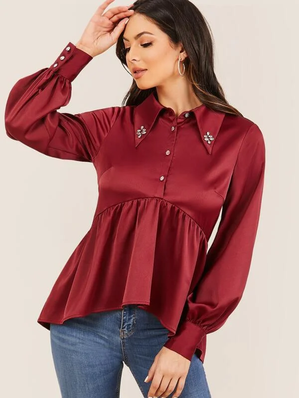 Rhinestone Detail Asymmetrical Ruffle Hem Satin Blouse Slim Fit Blouse