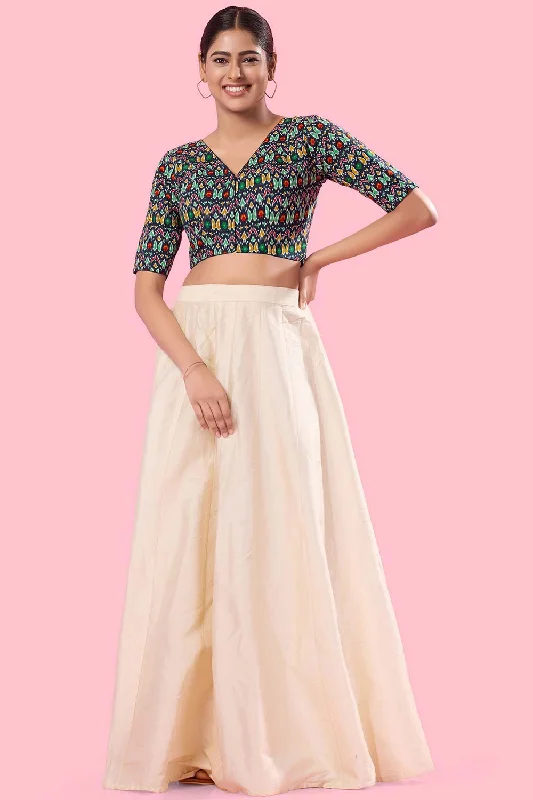 Navy Blue Cotton Front Open Elbow Sleeves Blouse Backless Summer Blouse