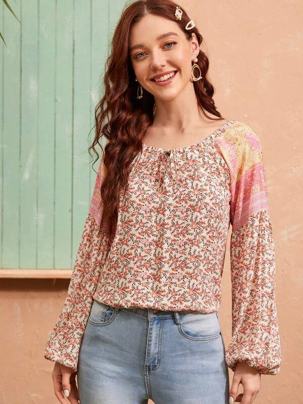 Floral Print Tie Neck Blouse Vintage Polka Blouse