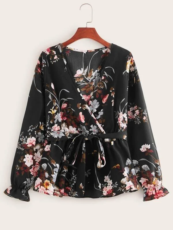 Floral Print Belted Peplum Blouse Puff Sleeve Blouse