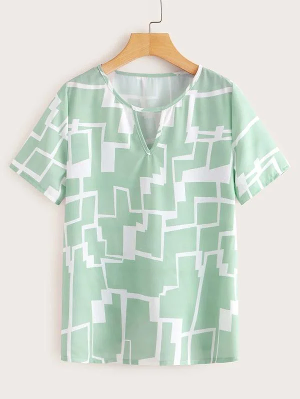 Keyhole Neck Geo Print Blouse Sleeveless Summer Blouse