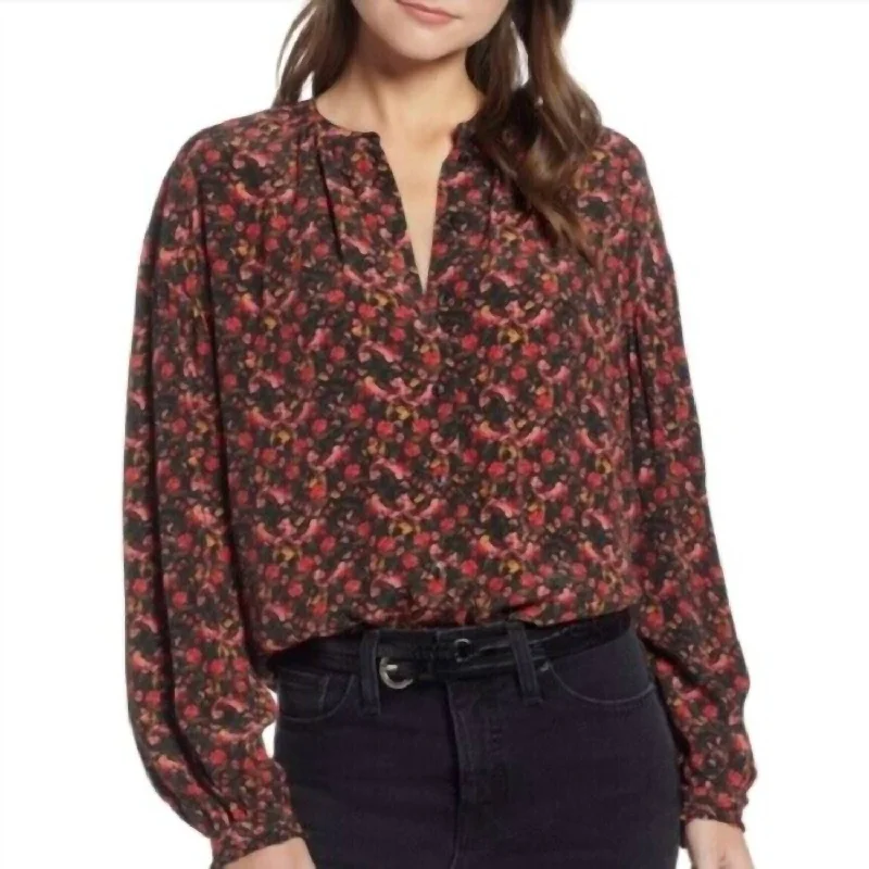 Floral Easy Volume Long Sleeve Blouse In Red Elegant Silk Blouse