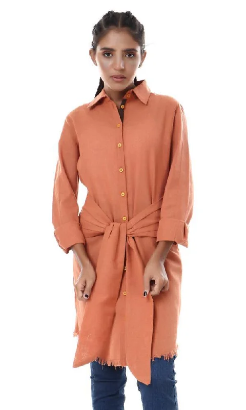 56549 Distressed Trim Full Sleeves Long Shirt - Burnt Orange-- Embroidered Appliqued Beaded