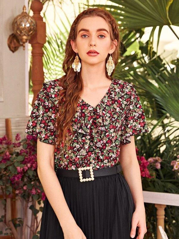 Floral Print Ruffle Trim Chiffon Blouse Textured Cotton Blouse