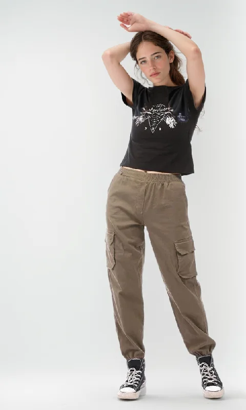 94943 Printed Round Collar Slip On T-Shirt - Black-- Solid Print Embellished
