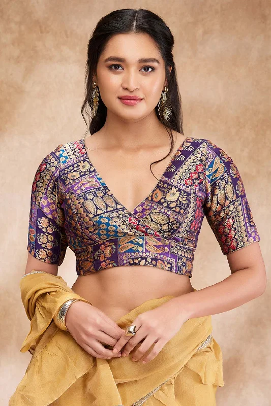 Purple Brocade Woven Elbow Sleeve Blouse Smart Casual Blouse
