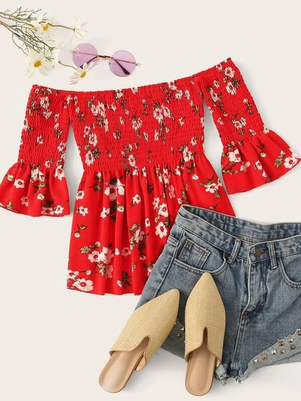 Off-shoulder Floral Print Shirred Blouse Vintage Lace Blouse
