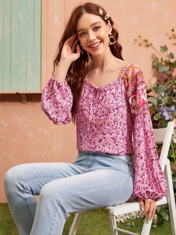Floral Print Tie Neck Blouse Embroidered Floral Blouse