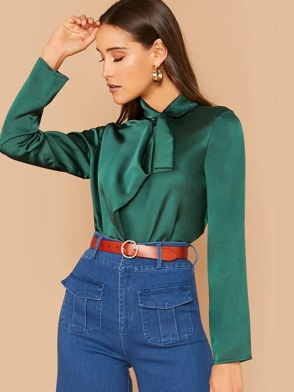 Mock Neck Draped Front Satin Blouse Modern Work Blouse