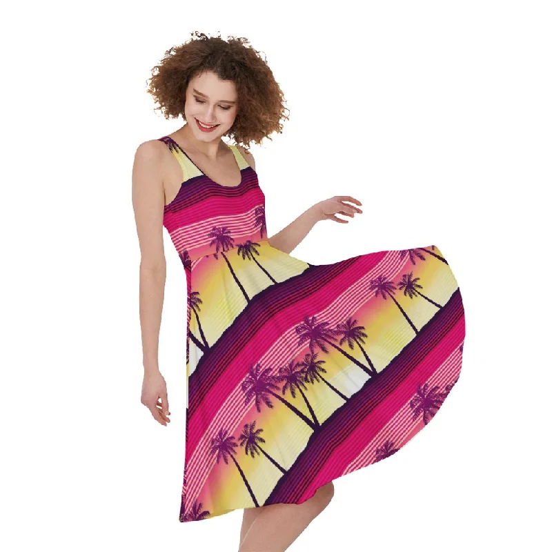 Sunset Palm Tree Pattern Print Sleeveless Knee Length Dress Tunics Sophisticated sleek Sunset Palm Tree Pattern Print Sleeveless Knee Length Dress Tunics Sophisticated sleek