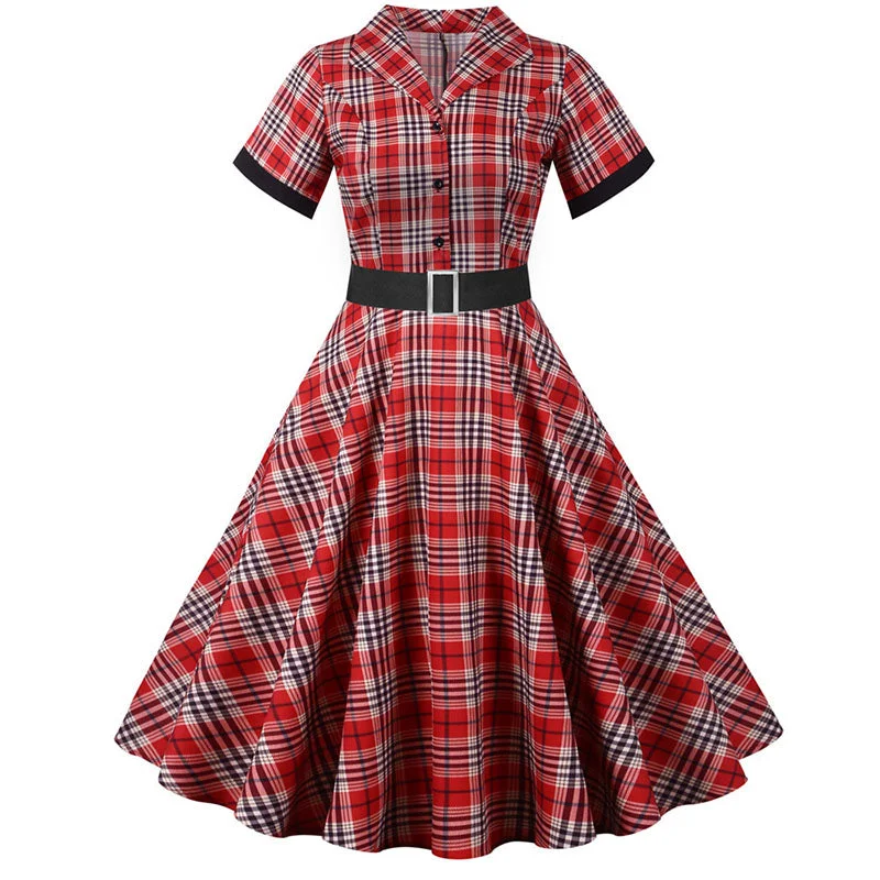 BerriesJam - Notched Collar Plaid Print CozySlim Party Dress Tunics Sale discount