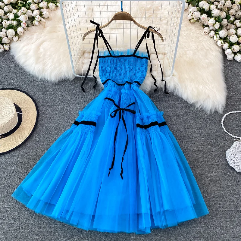Blue tulle short A line dress party dress    S454 Off-the-shoulder Bohemian Festive