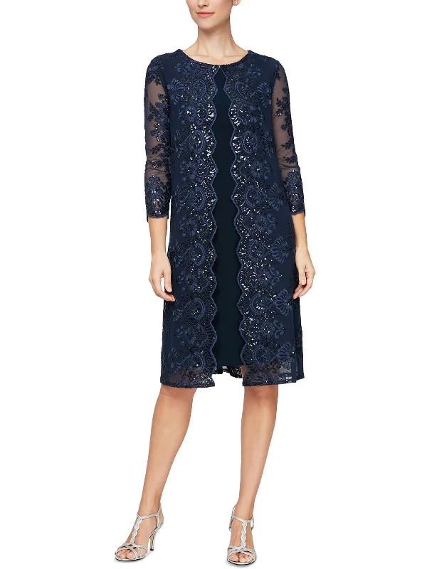 Womens Embellished Knee Cocktail and Party Dress Lace Sexy Club