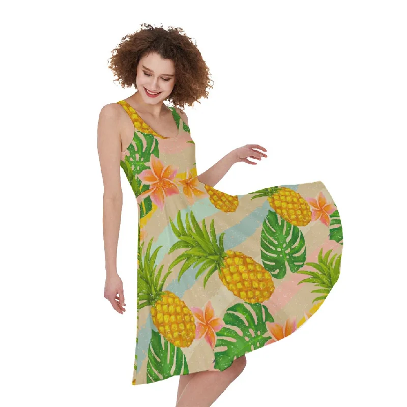 Sand Beach Pineapple Pattern Print Sleeveless Knee Length Dress Tunics Leisure comfortable Sand Beach Pineapple Pattern Print Sleeveless Knee Length Dress Tunics Leisure comfortable