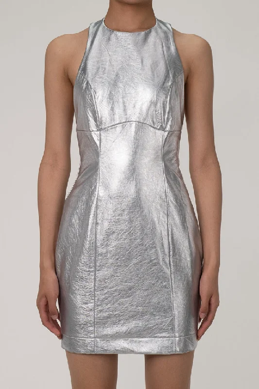 Metallic Halter Crew Neck Sleeveless Bodycon Vegan Leather Mini Party Dress Tunics Polka dots