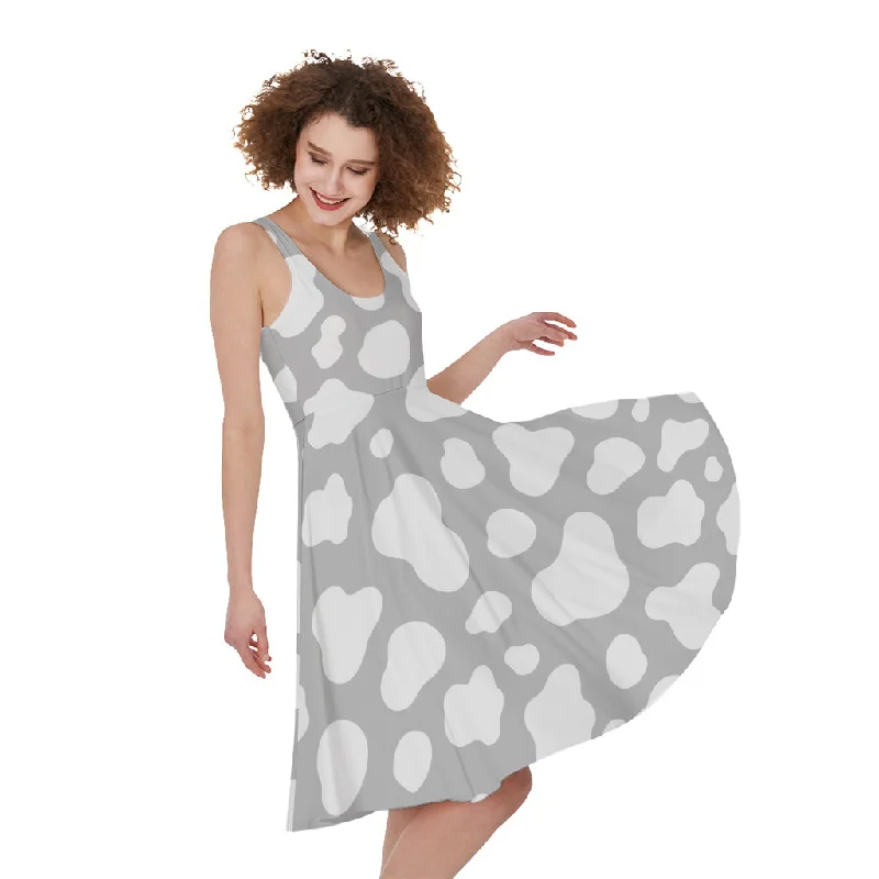 White And Grey Cow Print Sleeveless Knee Length Dress Turtleneck Warm Winter