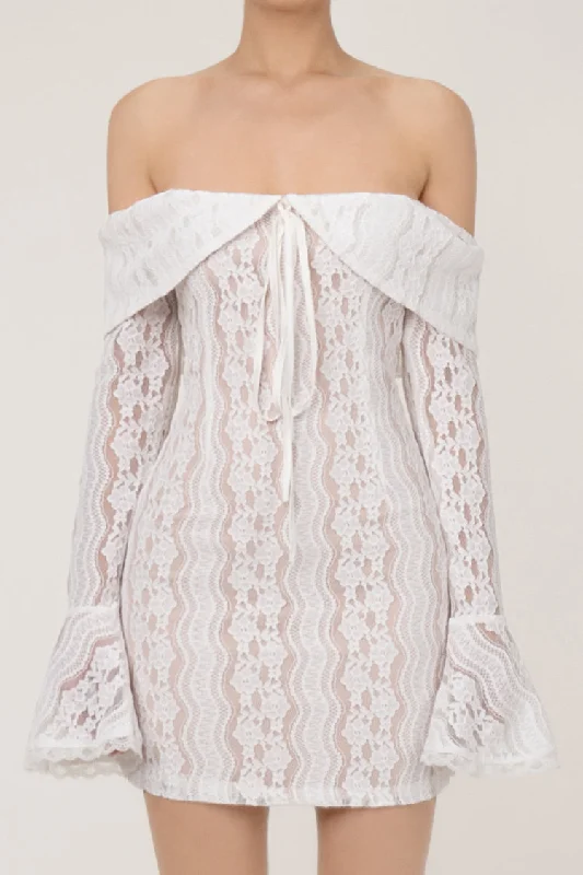 Sweet Foldover Off Shoulder Bow Tie Flared Sleeve Bodycon Lace Party Mini Dress Stylish Summer Mini Dress