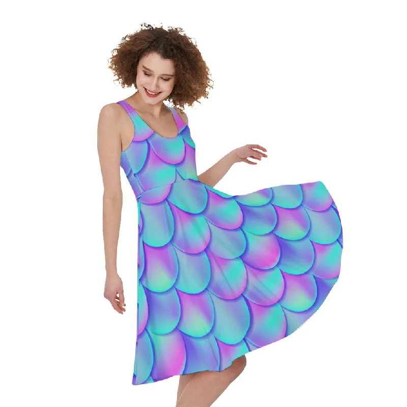 Teal Purple Mermaid Scales Pattern Print Sleeveless Knee Length Dress Tunics Formal black Teal Purple Mermaid Scales Pattern Print Sleeveless Knee Length Dress Tunics Formal black