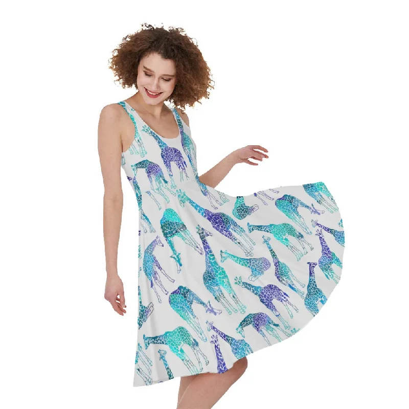 Turquoise Giraffe Pattern Print Sleeveless Knee Length Dress Tunics Evening elegant