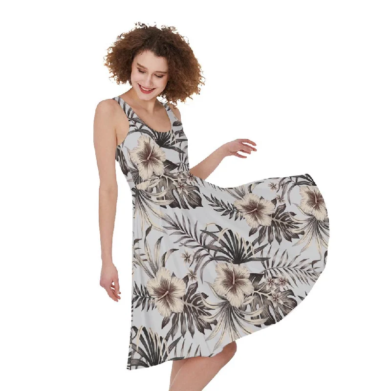 Vintage Hibiscus Plumeria Pattern Print Sleeveless Knee Length Dress Tunics Cozy comfortable Vintage Hibiscus Plumeria Pattern Print Sleeveless Knee Length Dress Tunics Cozy comfortable