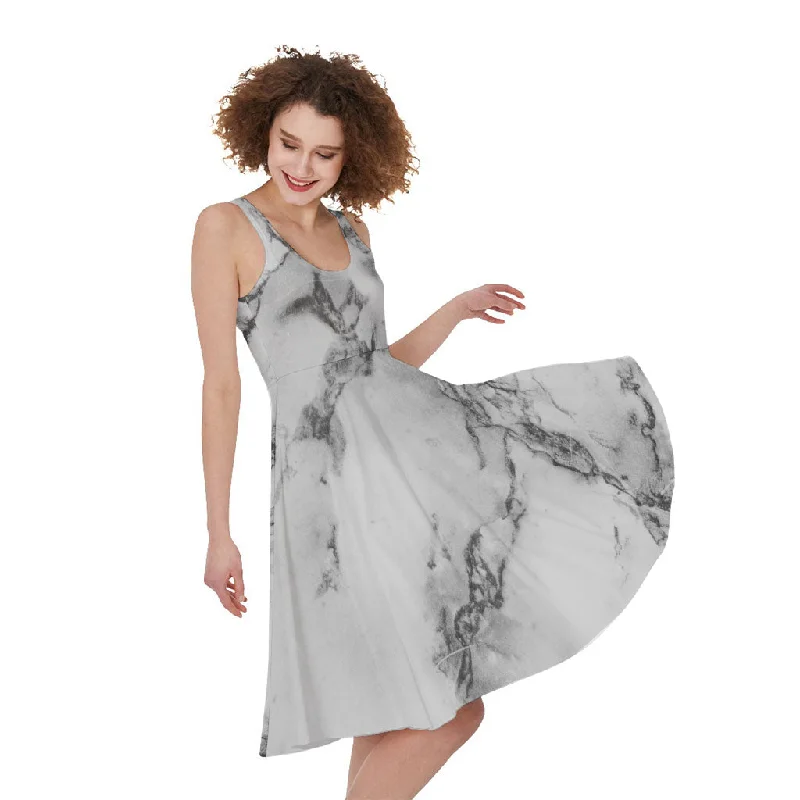 White Dark Grey Marble Print Sleeveless Knee Length Dress Bodycon Club Sequined