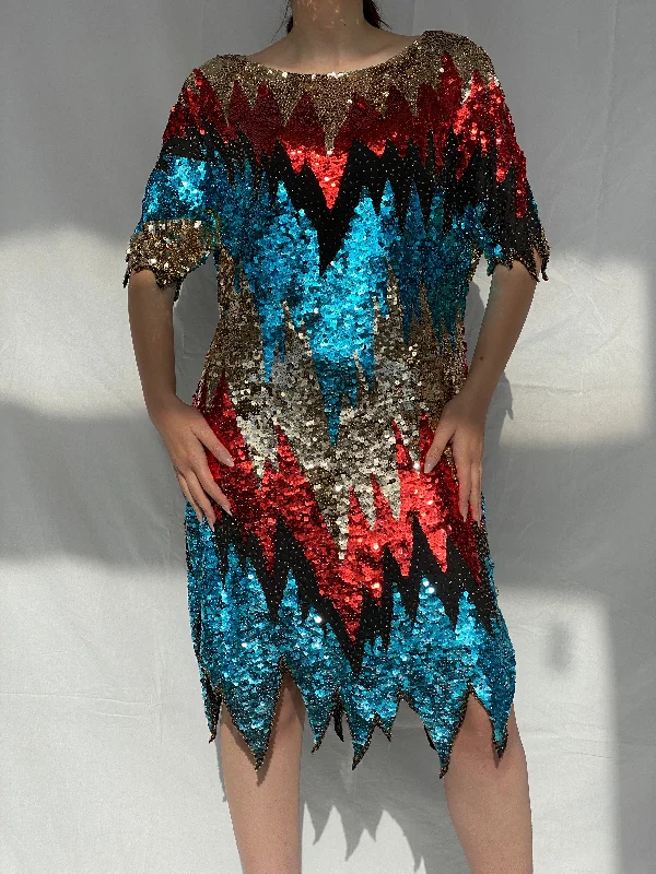 Vintage Iris Zig Zag Sequin and Sheer Midi Party Dress - L Satin Halter Glamorous