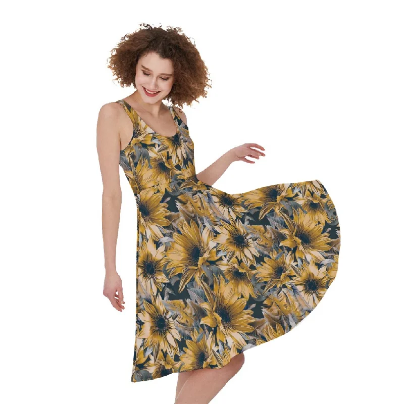 Vintage Sunflower Pattern Print Sleeveless Knee Length Dress Tunics Seasonal trendy