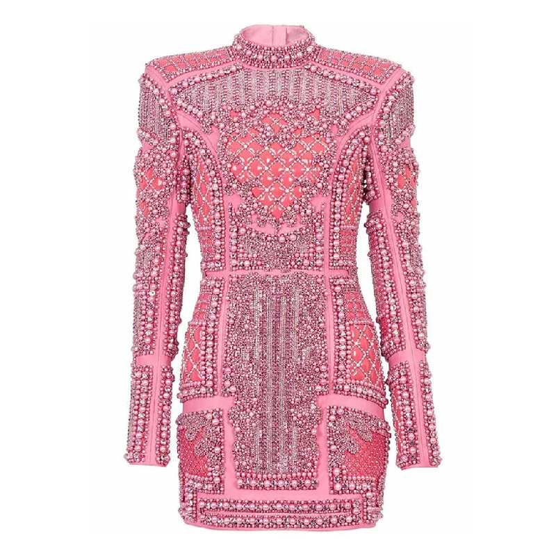 Baroque Beaded Sequin Embellished High Neck Long Sleeve Mini Party Dress empire Waist empire
