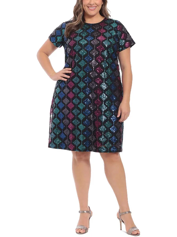 Plus Womens Sequined Knee Cocktail and Party Dress Tunics Stylish elegant