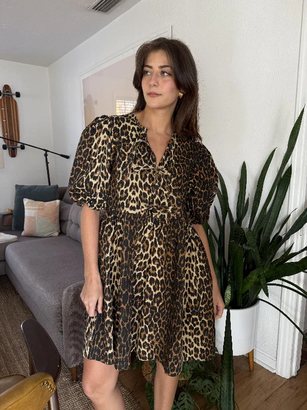 Sofie the Label Gabby Tie Top Puff Sleeve Mini Dress (Leopard Denim) Casual High-Waist Mini Dress