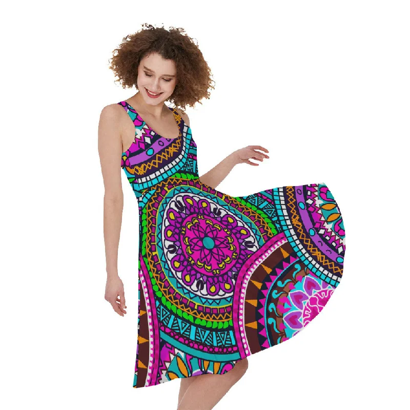 Purple Teal Circle Mandala Print Sleeveless Knee Length Dress Tunics Ceremony elegant Purple Teal Circle Mandala Print Sleeveless Knee Length Dress Tunics Ceremony elegant